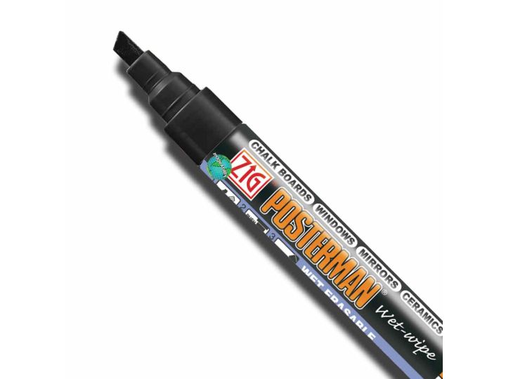 Zig Posterman Black Wet Wipe Markers. 6mm Chisel Tip