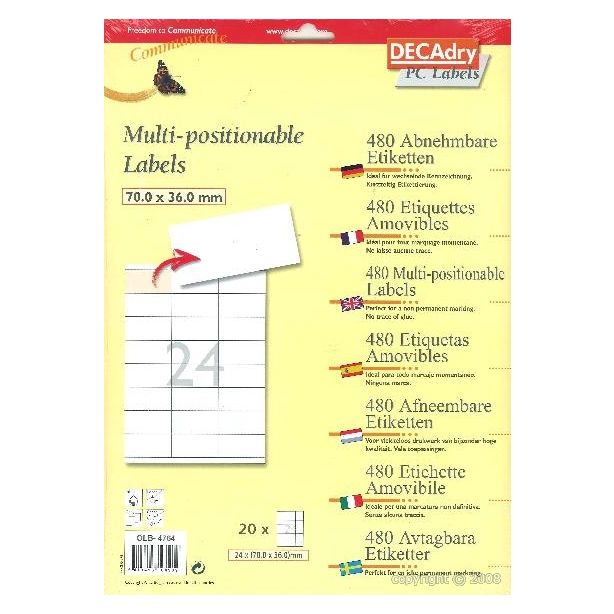 Decadry White Removable Labels 70x36mm With Square Corners, Pack of 480 labels
