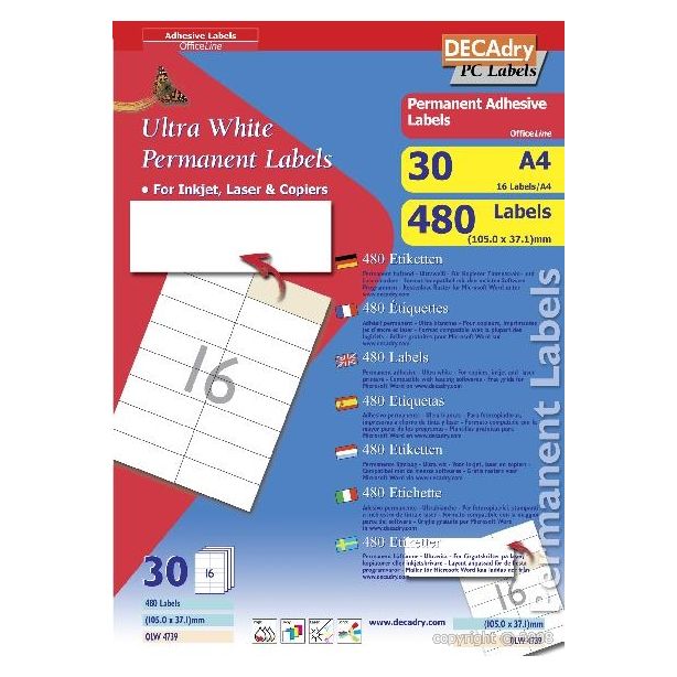 Decadry White Labels 105x37.1mm With Square Corners, Pack of 480 labels