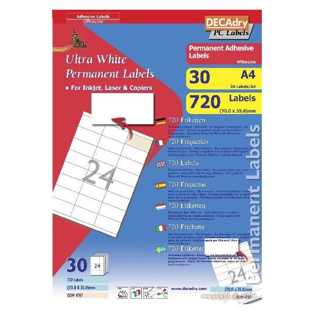 Decadry White Labels 70x35mm With Square Corners, Pack of 720 labels