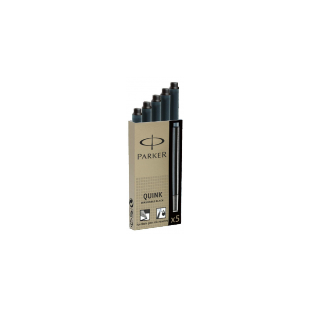 Parker Quink Washable Black Ink Cartridges Fountain Pen Refills Standard Length Pack of 5
