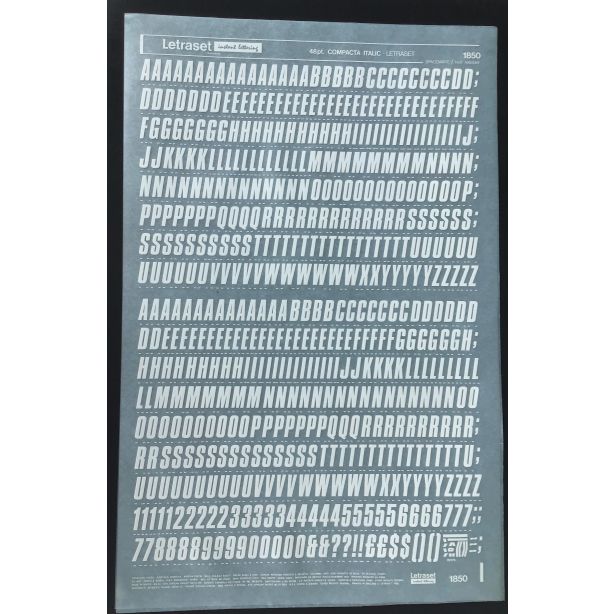 Letraset White 1850W 48pt. Compacta Italic Capital Letters