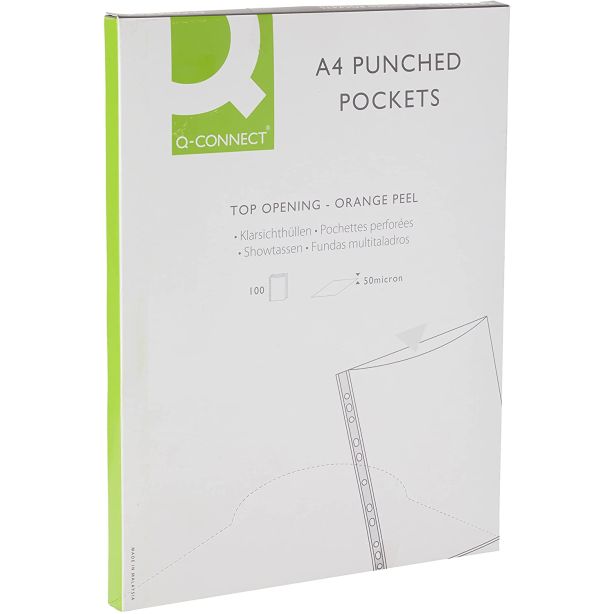 Q Connect Punched Pockets, A4, 50 Micron Top Opening, (White), Pack of 20