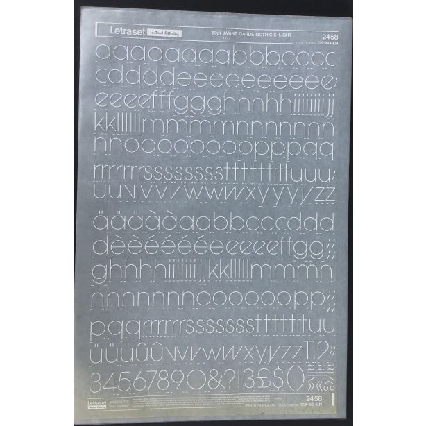 Letraset White 2458W 60pt. Avant Garde Gothic X-Light Lower Case Letters