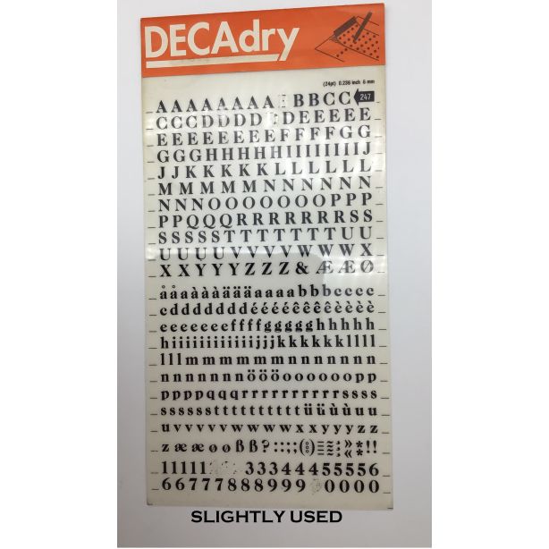 Decadry Super Transfers No247, 24pt, 6mm, 0.236inch, Black Letters & Numbers (Used)