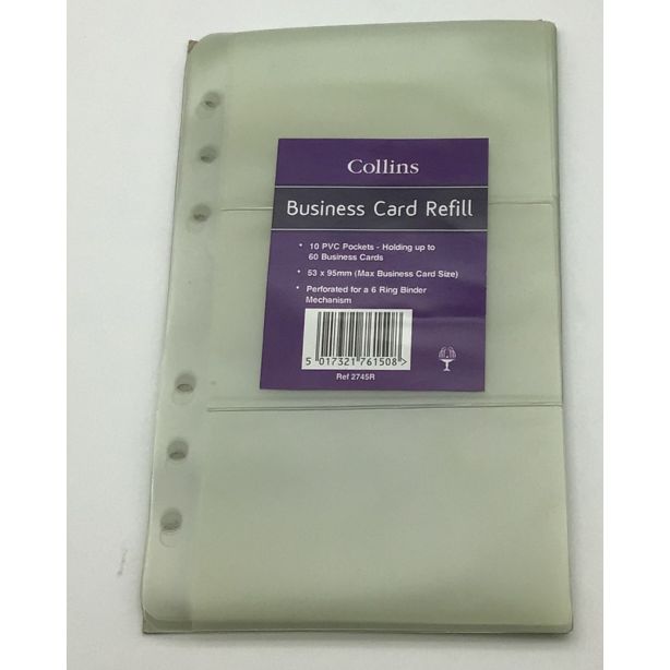 Collins Business Card Ringbinder PVC Pockets Refill Pack of 10 sheets Holds 60 Cards