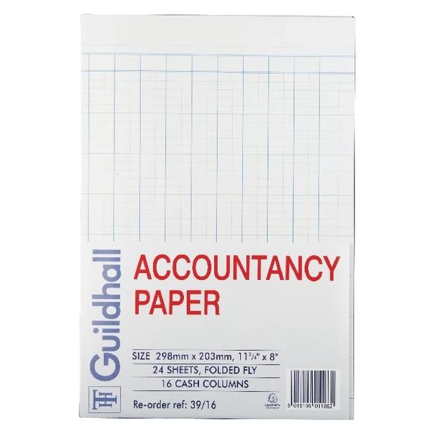 Guildhall 39/16Z Accountancy Paper, Pack of 24 Sheets, 16 Cash Columns 