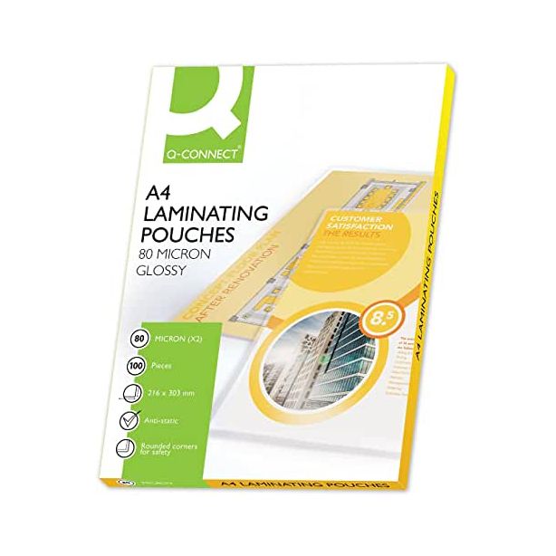 Q Connect Laminating Pouches. A4. Gloss. 160micron. Pack of 100
