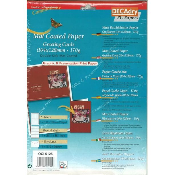 Decadry 14 White Matt Coated Greeting Cards 164 x 128mm with Envelopes & Labels OCI5125