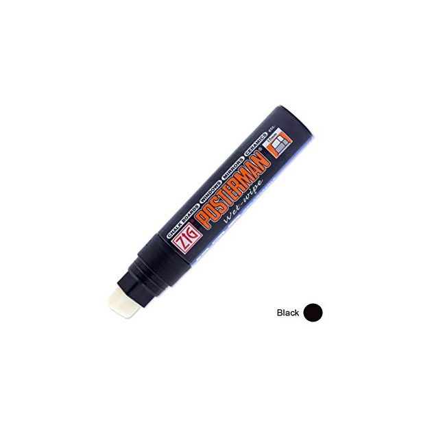 Zig Posterman Black Wet Wipe Markers. 15mm Broad Tip