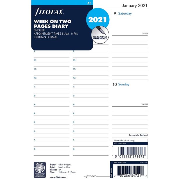 Filofax A5 Vertical Column Diary Week to View 2021