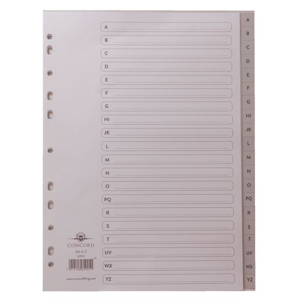 Concorde Grey Polypropylene Index, A4, A-Z, 20 Part