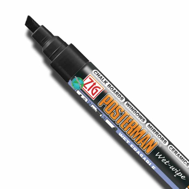 Zig Posterman Black Wet Wipe Markers. 6mm Chisel Tip
