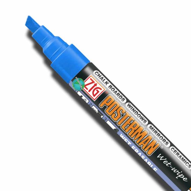 Zig Posterman Blue Wet Wipe Markers. 6mm Chisel Tip