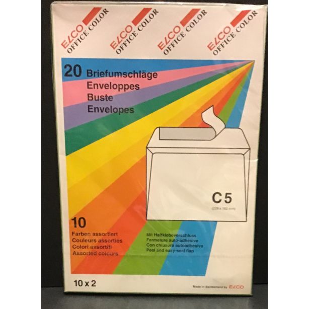 Elco Mixed Coloured Envelopes, C5 (229 x 162mm), Peel & Seal, 10 Assorted Colours, Pack of 20