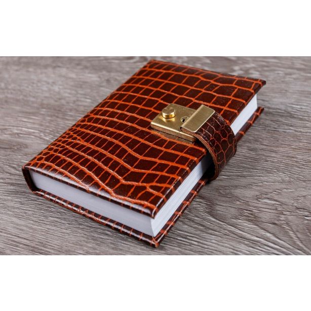 Crocodile Grain Leather Five Year Diary with Lock and Key 140x95mm, Brown