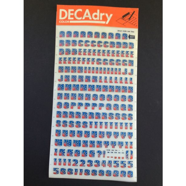 Decadry Super Transfers No801, Blue, Red & White 28pt, 9mm, 0.354inch Letters