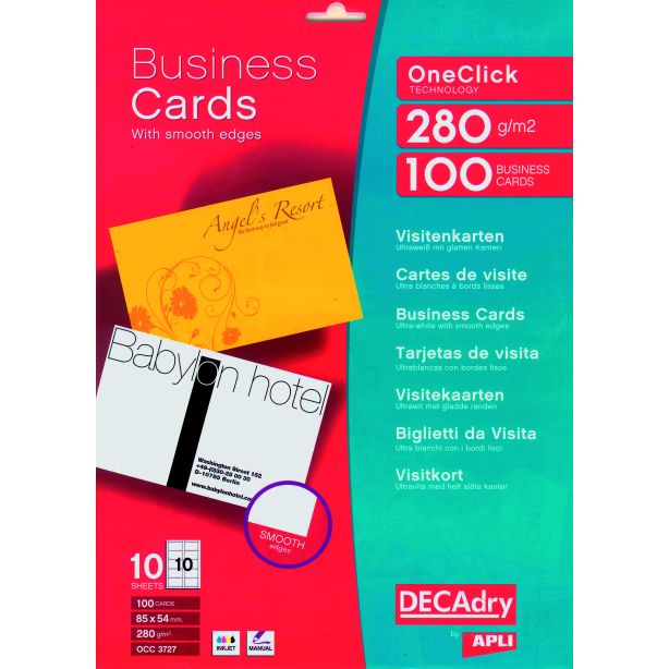 Decadry OneClick Business Cards with Smooth Edges, White. 280gsm, Pack of 100 cards