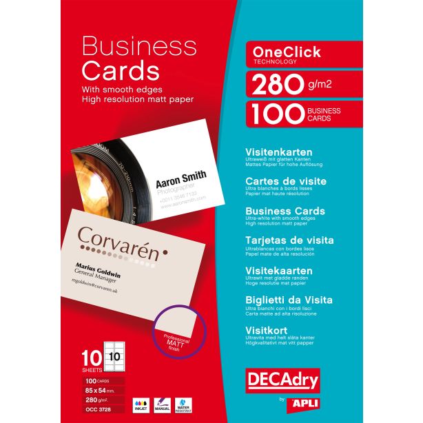 Decadry OneClick Business Cards with Smooth Edges. White Photo Cards. Matt. 280gsm, Pack of 100