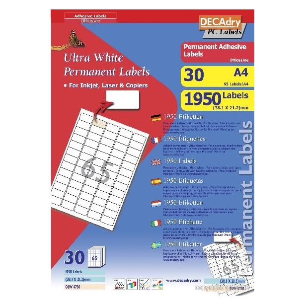 Decadry White Labels 38.1x21.2mm With Round Corners, Pack of 1950 labels