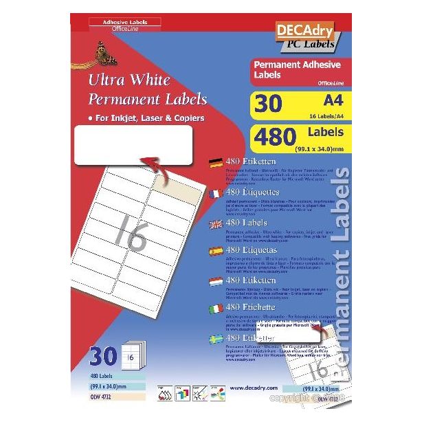 Decadry White Labels 99.1x34.0mm With Round Corners, Pack of 480 labels