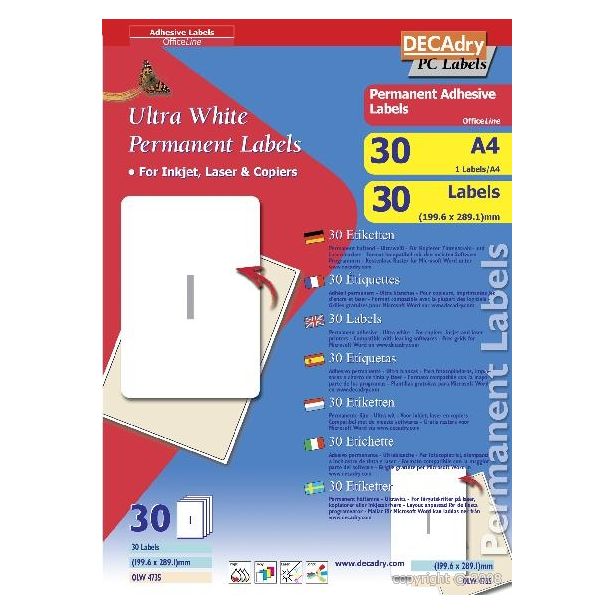 Decadry White Labels 199.6x289.1mm With Round Corners, Pack of 30 labels