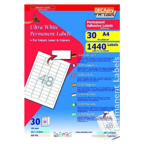 Decadry White Labels 45.7x21.2mm With Round Corners, Pack of 1440 labels