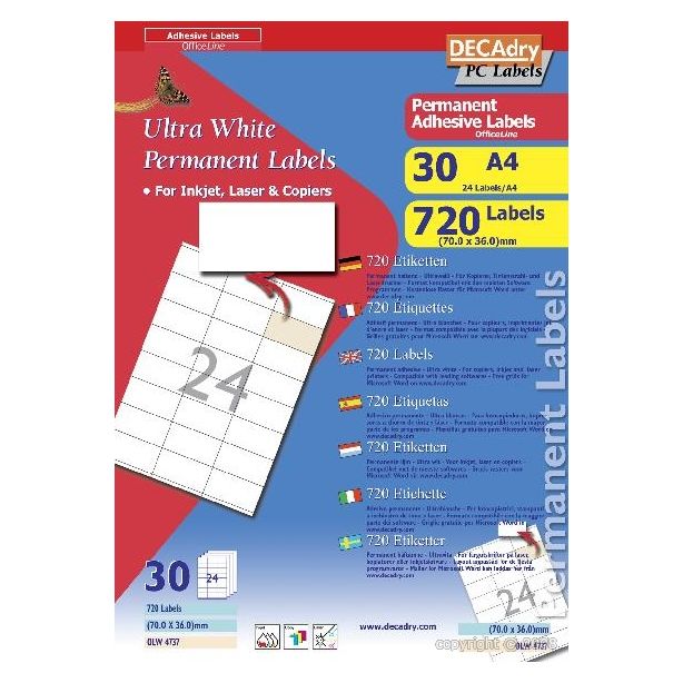 Decadry White Labels 70x36mm With Square Corners, Pack of 720 labels