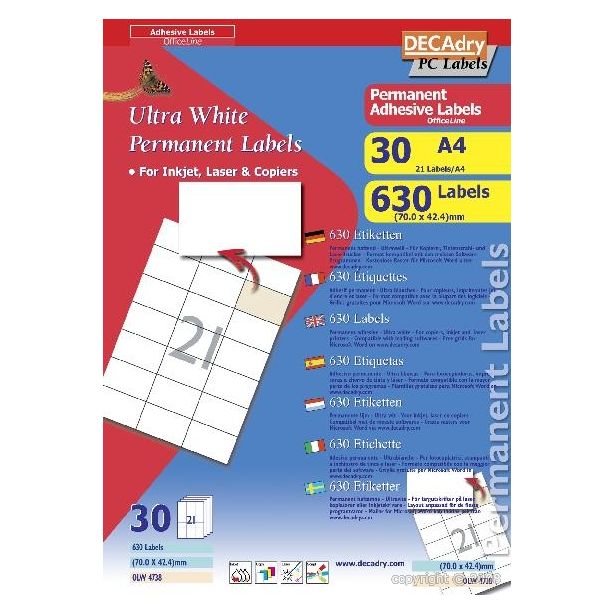 Decadry White Labels 70x42.4mm With Square Corners, Pack of 630 labels