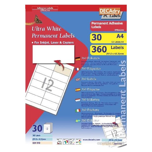 Decadry White Labels 97x42.3mm With Square Corners, Pack of 360 labels