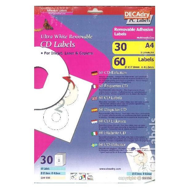 Decadry CD/DVD Removable Labels, 117 x 41mm, Pack of 60 labels