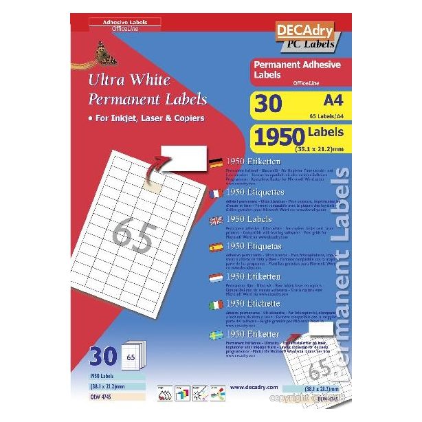 Decadry White Labels 38.1x21.2mm With Square Corners, Pack of 1950 labels