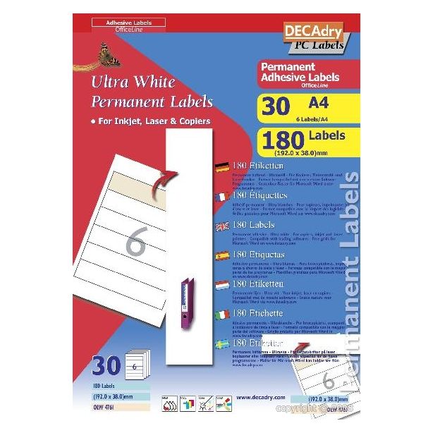Decadry Filing Labels, Sheet of 6 with Square Corners