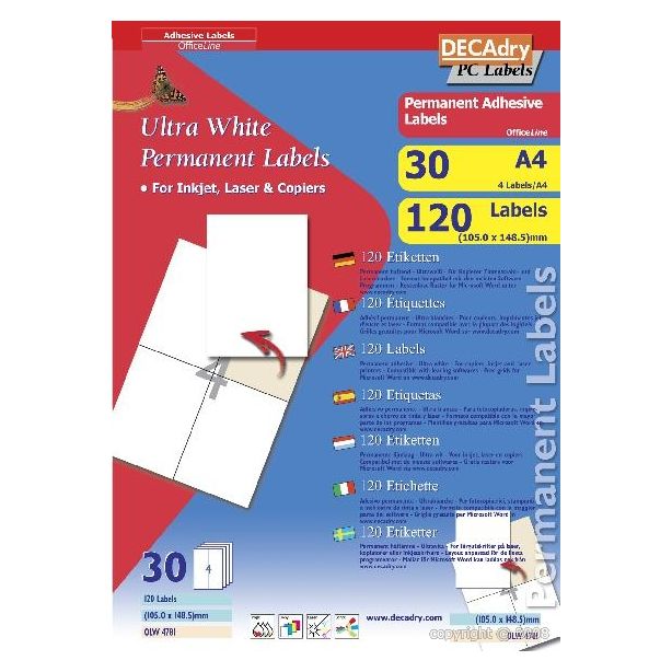 Decadry White Labels 105x148.5mm With Square Corners, Pack of 120 labels