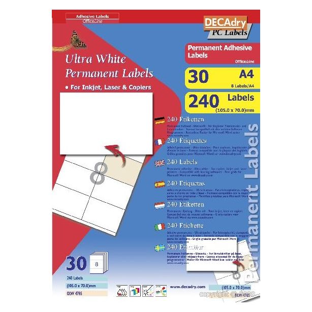 Decadry White Labels 105x70mm With Square Corners, Pack of 240 labels