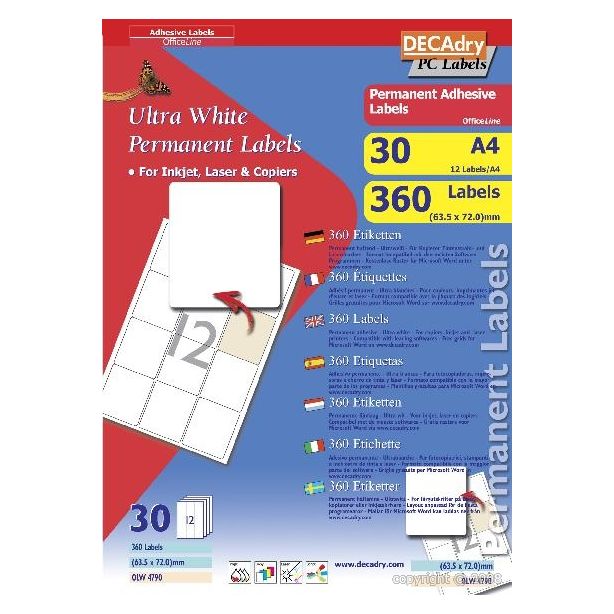 Decadry White Labels 63.5x72mm With Round Corners, Pack of 360 labels