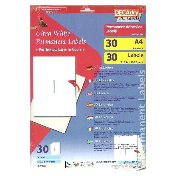 Decadry White Labels 210x297mm With Square Corners, Pack of 30 labels