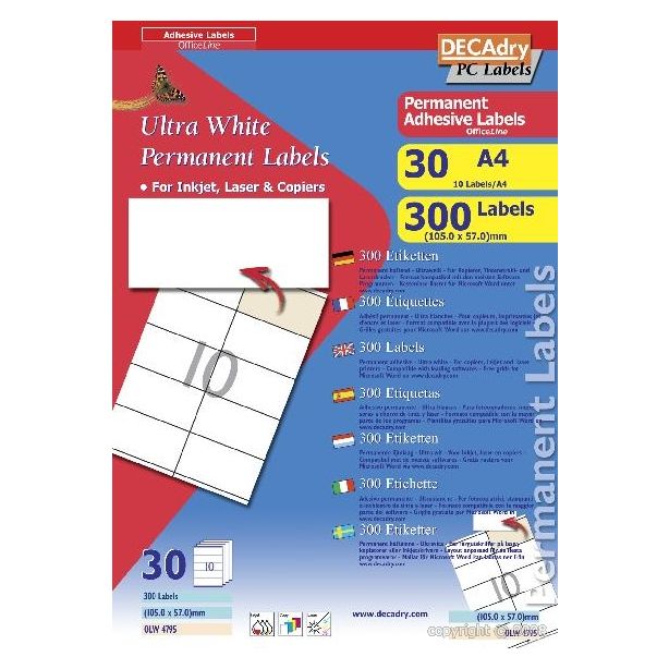 Decadry White Labels 105x57mm With Square Corners, Pack of 300 labels