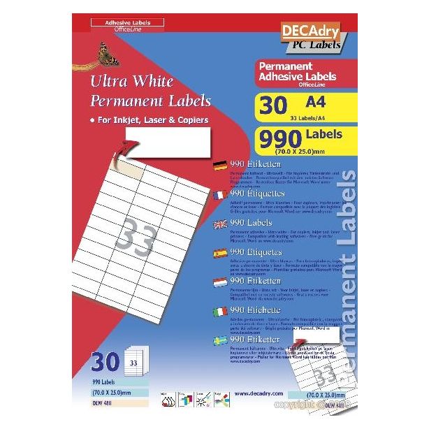 Decadry White Labels 70x25mm With Square Corners, Pack of 990 labels