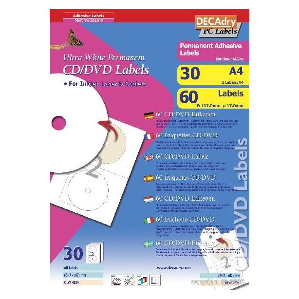 Decadry CD/DVD Labels, 117 x 17mm, Pack of 60 labels