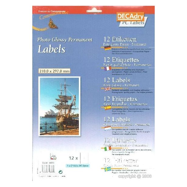 Decadry Photo Glossy Labels, Sheet of 1 with Square Corners