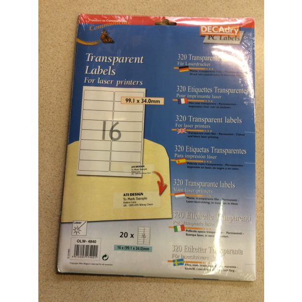 Decadry Transparent Laser Labels, Sheet of 16 with Round Corners