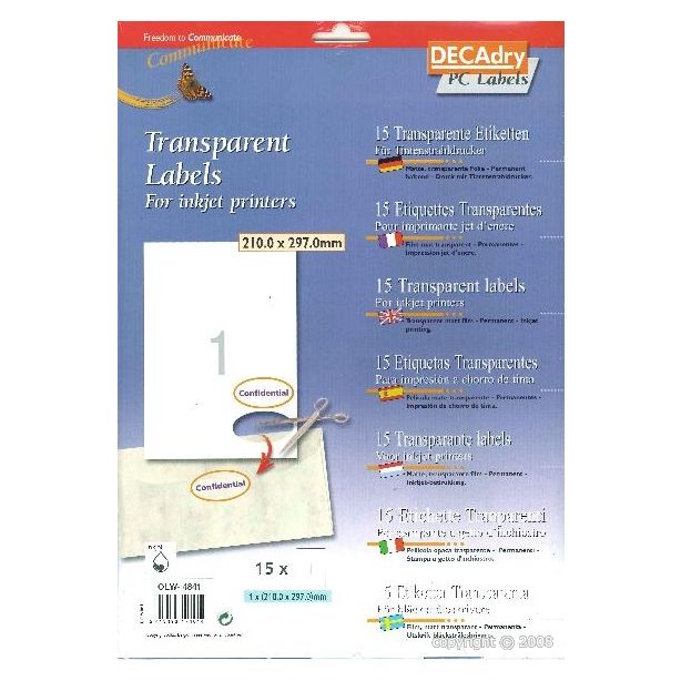 Decadry Transparent Inkjet Labels, Sheet of 1 with Square Corners