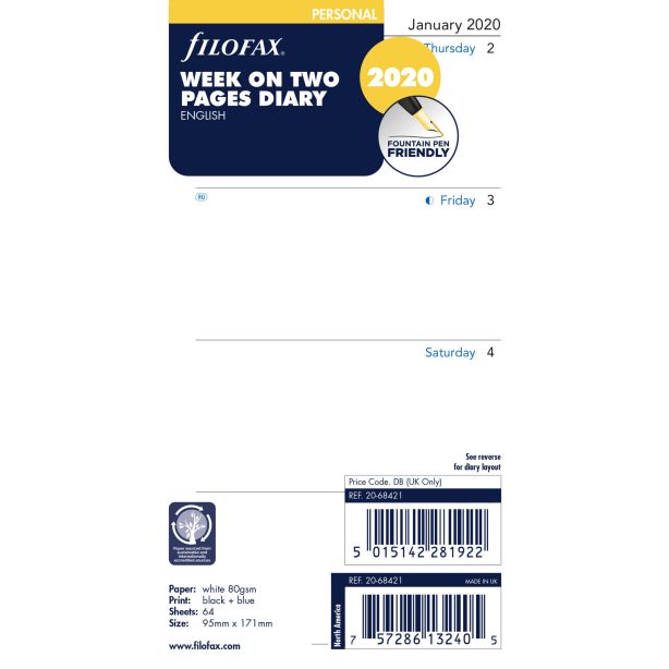 Filofax Personal Week On Two Pages, English, Monday Start, 2020