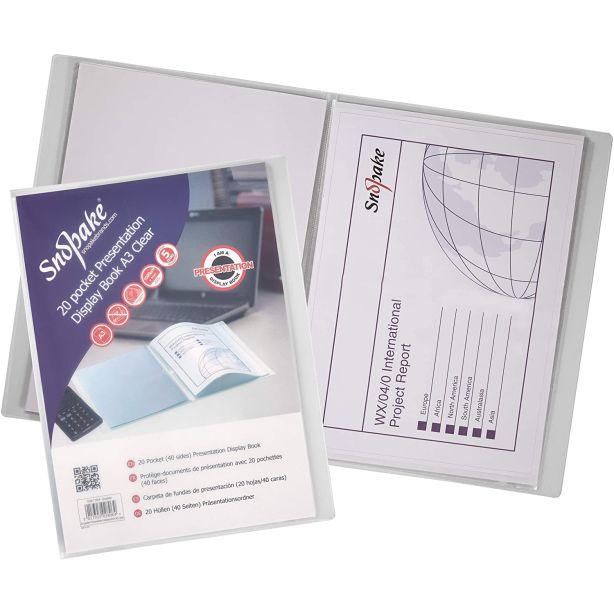 Snopake Presentation Display Book, A3, 20 Pocket (40 sides to view), Classic Clear