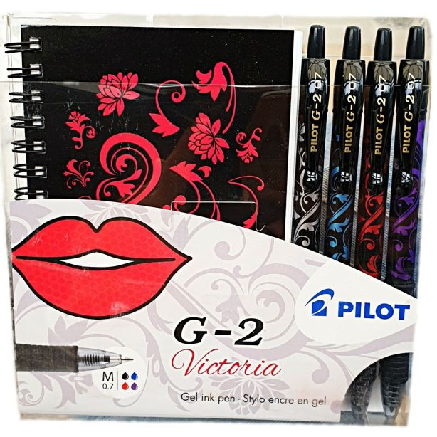 Pilot G-2 Victoria 4 Gel Ink Rollerball Pens with Matching Notepad, Gift Set