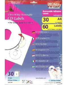 Decadry CD/DVD Removable Labels, 117 x 41mm, Pack of 60 labels