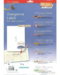 Decadry Transparent Inkjet Labels, Sheet of 1 with Square Corners